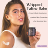 Woman holding a jar of 'Whipped Tallow Balm' with text about its benefits on a pink background