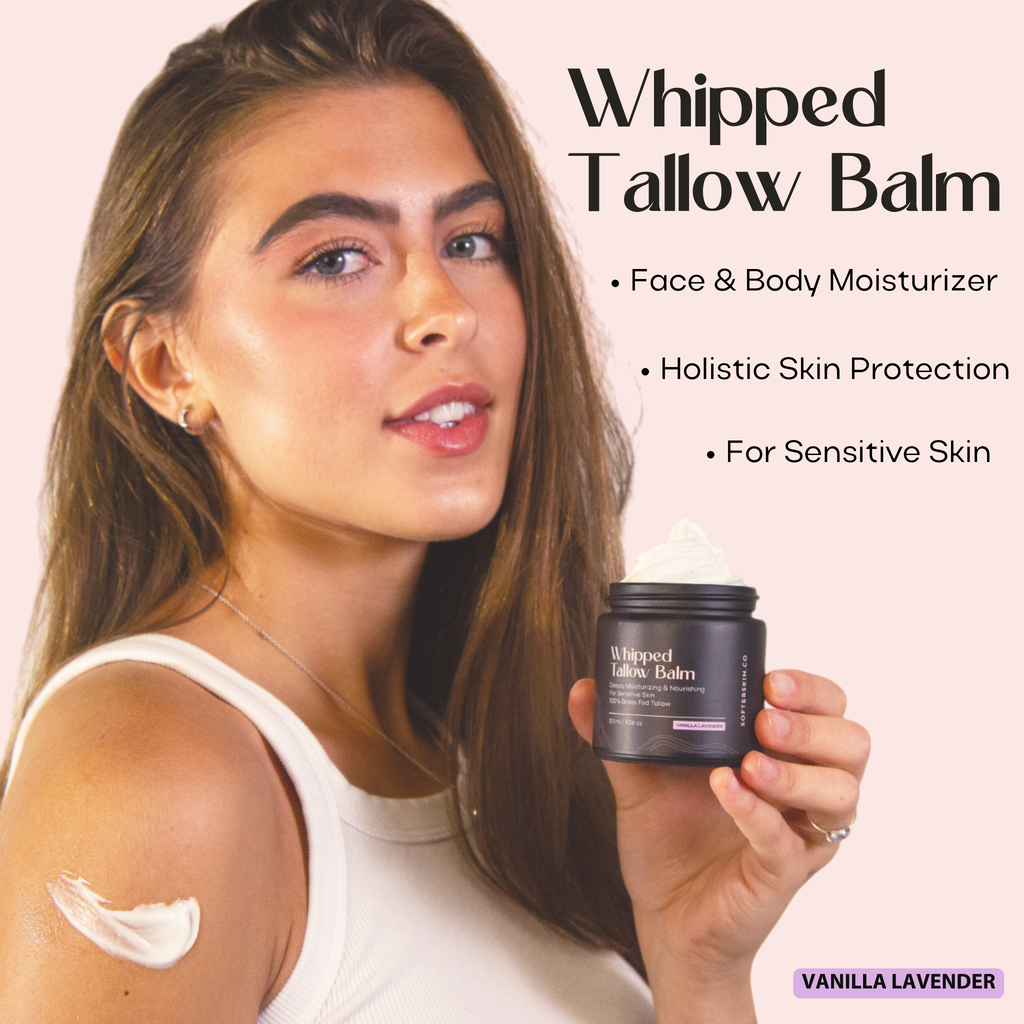 Woman holding a jar of 'Whipped Tallow Balm' with text about its benefits on a pink background