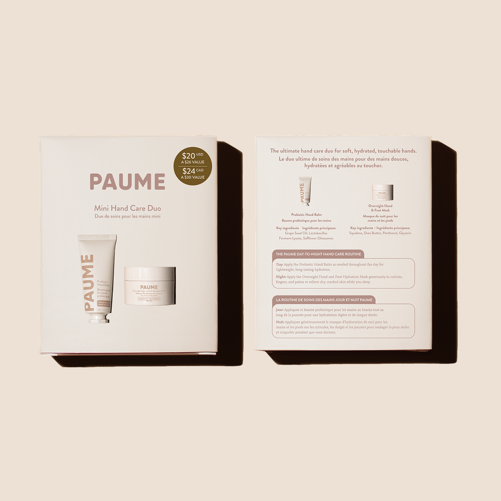 PAUME mini hand care duo with packaging on a beige background