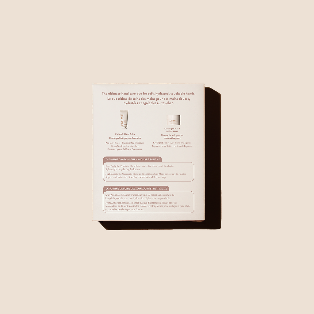 Product packaging with text on a beige background