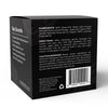 The back of a black skincare box with white text detailing ingredients, directions, and warnings, featuring a barcode at the bottom right.