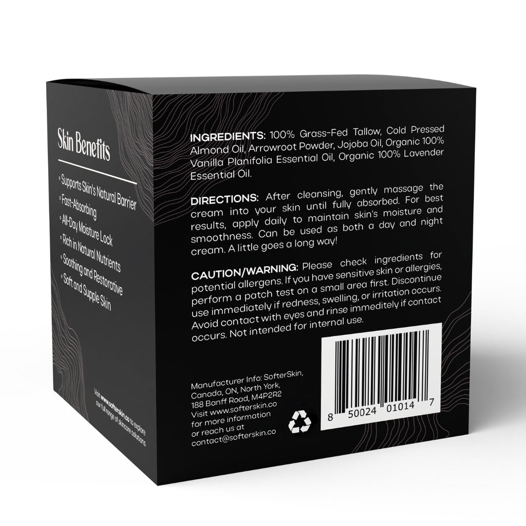 The back of a black skincare box with white text detailing ingredients, directions, and warnings, featuring a barcode at the bottom right.
