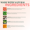 Product label highlighting natural ingredients with images and descriptions on a light pink background.