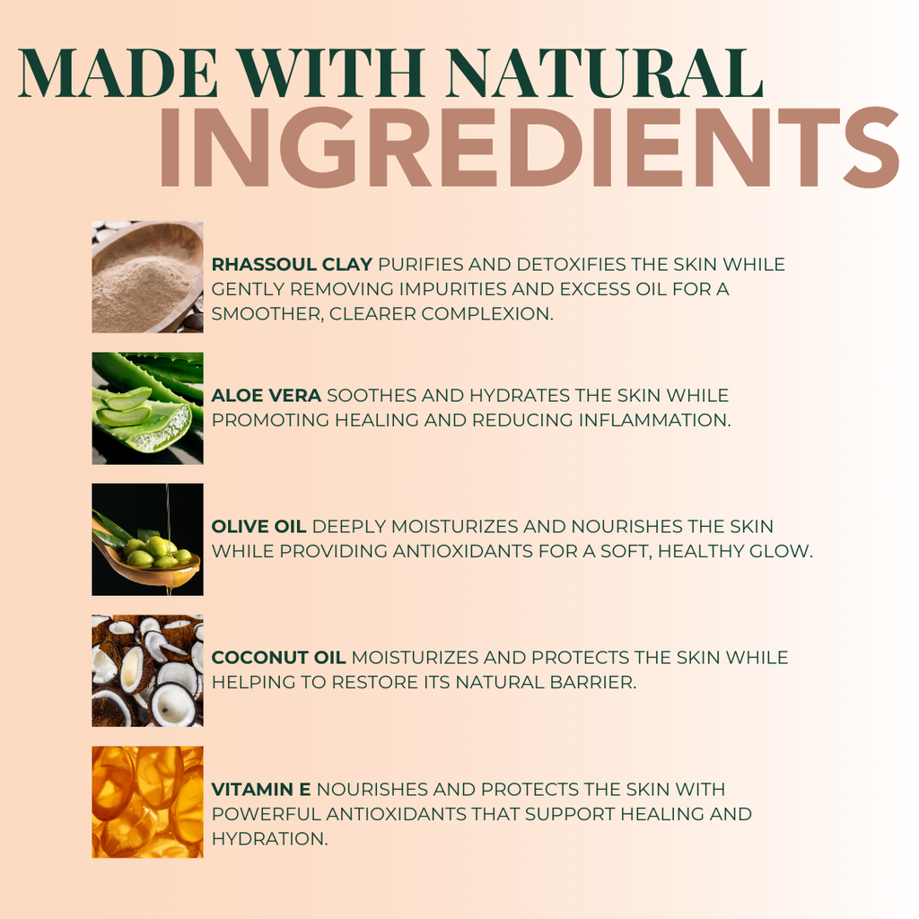 Product description card highlighting natural ingredients with images and text on a beige background.
