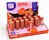 Clutch Glue liquid fashion tape retail display box with multiple small orange and brown tape rolls arranged in a pink and orange branded stand, plus a single tube of Clutch Glue in front.
