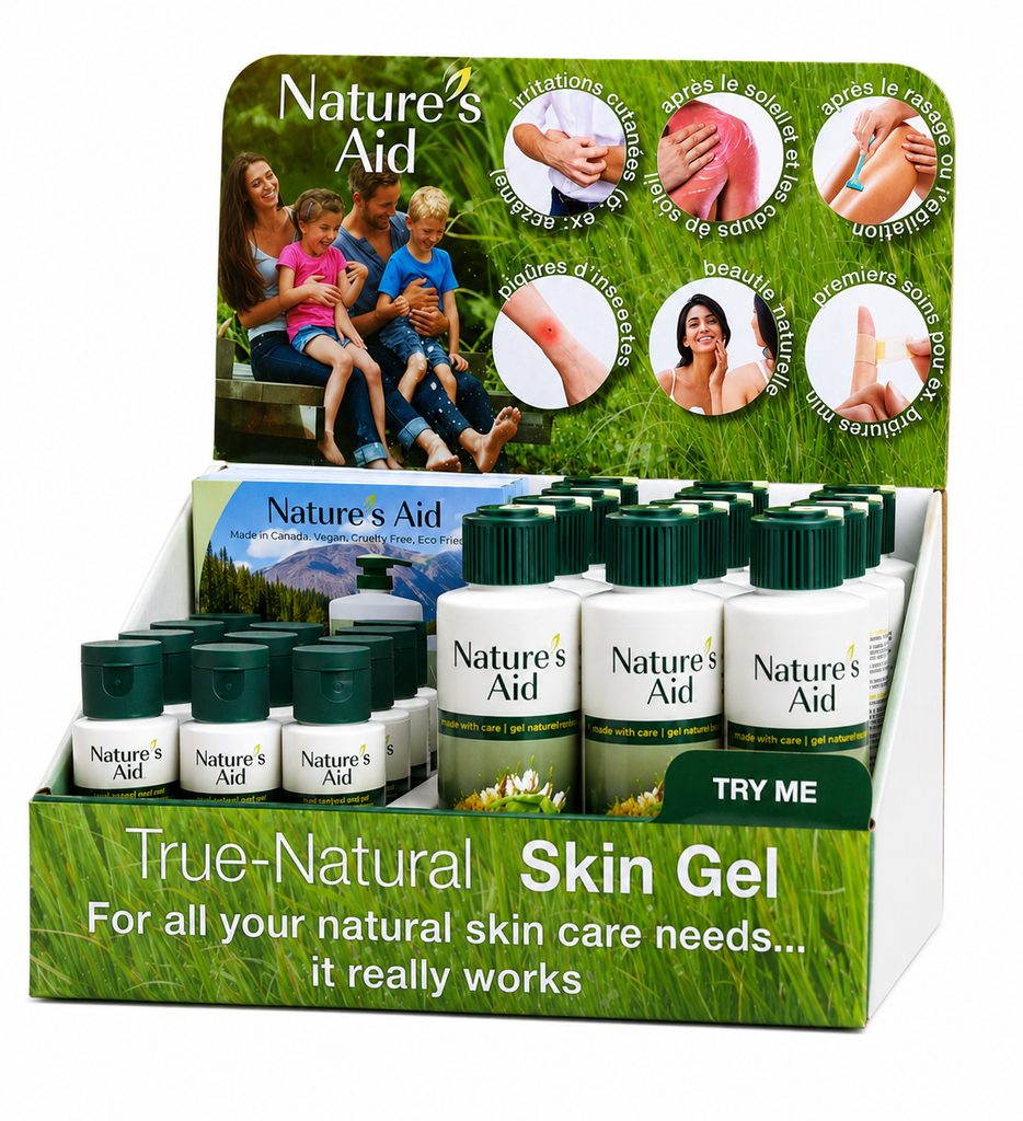 Nature's Aid Skin Gel display with promotional text and images on a white background