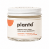Plantd Renewal Night Cream in a clear glass jar with a white screw-on lid and a cream-colored label featuring an orange semicircle graphic.